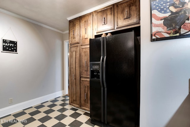 kitchen featuring ornamental molding, dark brown cabinetry, and black refrigerator with ice dispenser