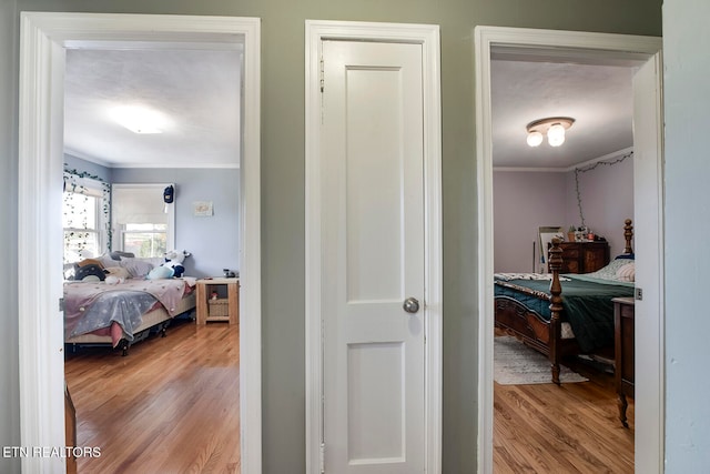 hallway featuring crown molding and light hardwood / wood-style flooring