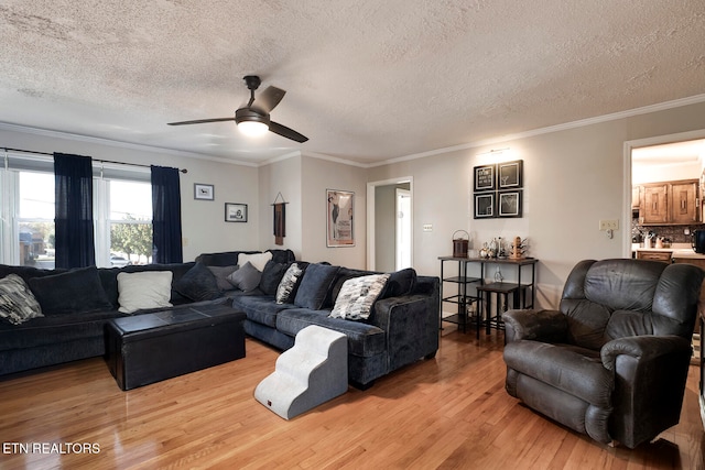 living room with a textured ceiling, hardwood / wood-style flooring, crown molding, and ceiling fan