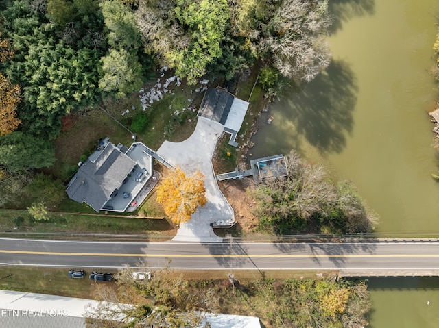 drone / aerial view with a water view