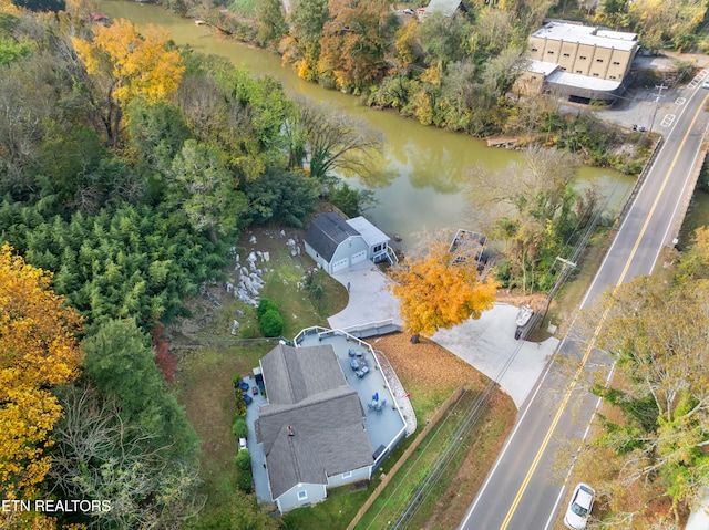 drone / aerial view with a water view