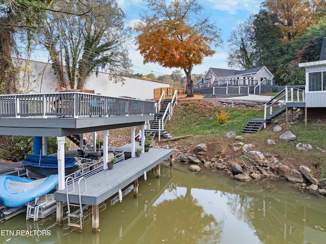 view of dock featuring a deck with water view