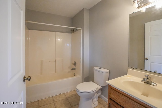 full bathroom featuring vanity, shower / tub combination, toilet, and tile patterned flooring