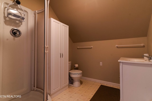 bathroom with vanity, toilet, walk in shower, and vaulted ceiling