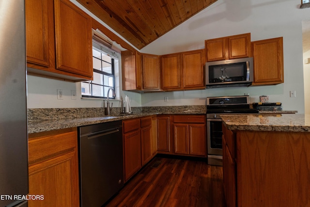 kitchen featuring light stone countertops, stainless steel appliances, vaulted ceiling, sink, and dark hardwood / wood-style floors