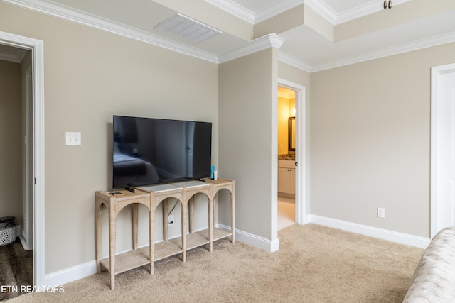 carpeted living room with crown molding