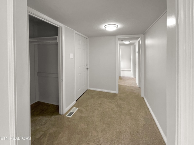 corridor with carpet and a textured ceiling