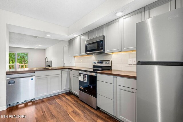 8709 Olde Colony Trl Unit 12, Knoxville, TN 37923 - kitchen with appliances with stainless steel finishes, wooden counters, a sink, dark wood finished floors, and tasteful backsplash