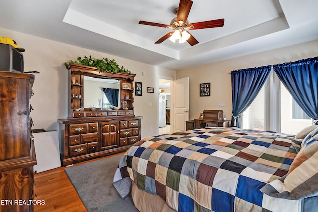 bedroom featuring a tray ceiling, ceiling fan, and wood finished floors