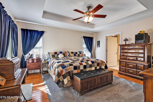 bedroom featuring ceiling fan, a tray ceiling, multiple windows, and wood finished floors