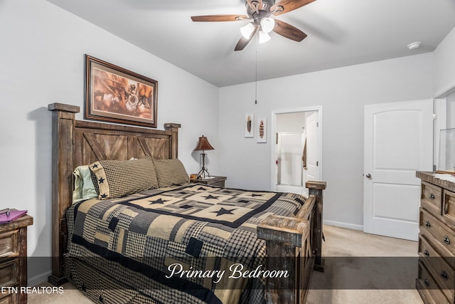 bedroom with light colored carpet and ceiling fan