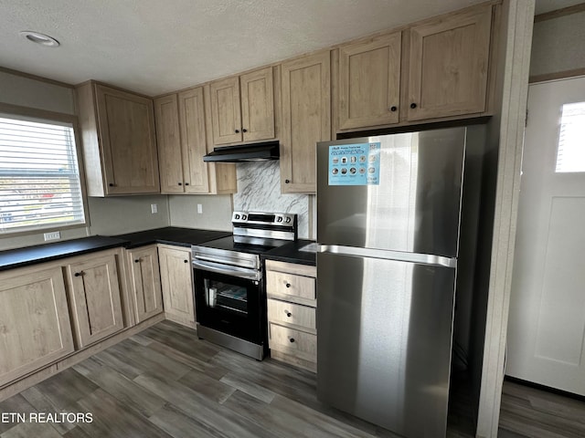 kitchen with dark wood-type flooring, backsplash, appliances with stainless steel finishes, and plenty of natural light