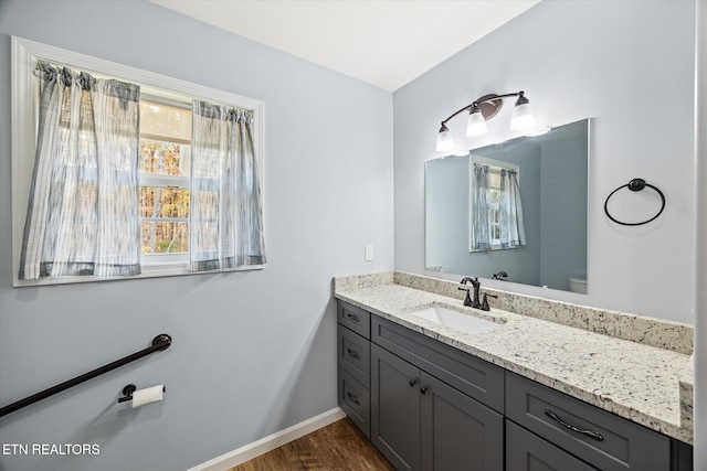 bathroom with wood-type flooring, vanity, and toilet