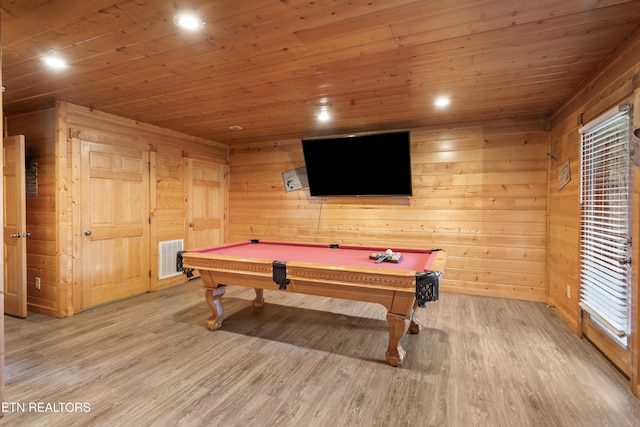 game room featuring billiards, light hardwood / wood-style flooring, wooden walls, and wood ceiling