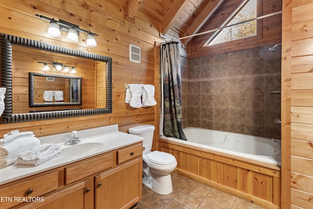 full bathroom featuring wood walls, tile patterned flooring, shower / tub combo, vaulted ceiling with beams, and toilet