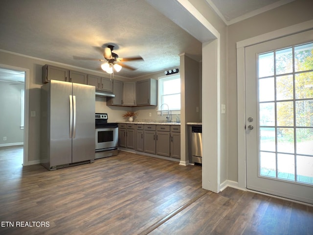 kitchen with stainless steel appliances, dark hardwood / wood-style floors, a healthy amount of sunlight, and ceiling fan