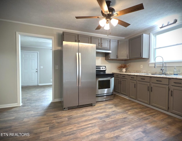 kitchen featuring crown molding, appliances with stainless steel finishes, sink, and dark hardwood / wood-style floors