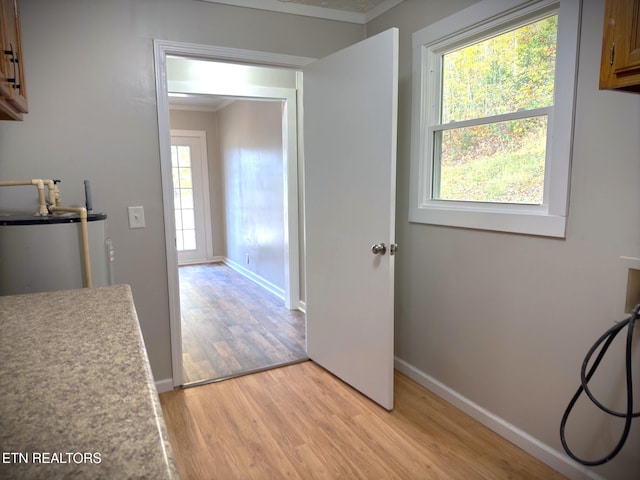 interior space with ornamental molding, light hardwood / wood-style flooring, and water heater