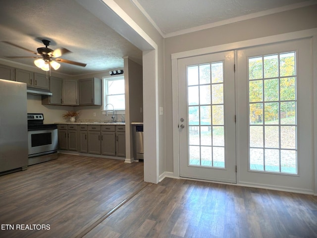 doorway featuring sink, ornamental molding, ceiling fan, a textured ceiling, and dark hardwood / wood-style flooring