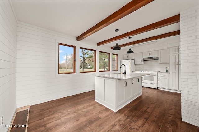 kitchen with white cabinets, decorative light fixtures, white appliances, and dark hardwood / wood-style flooring