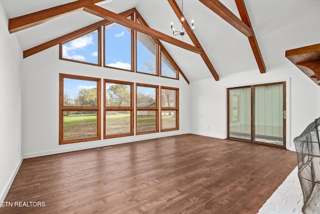 unfurnished living room featuring a notable chandelier, hardwood / wood-style flooring, high vaulted ceiling, and beamed ceiling