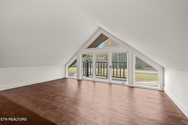 bonus room featuring wood-type flooring, lofted ceiling, and plenty of natural light