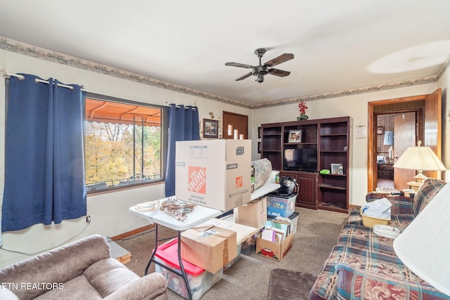 interior space featuring ceiling fan