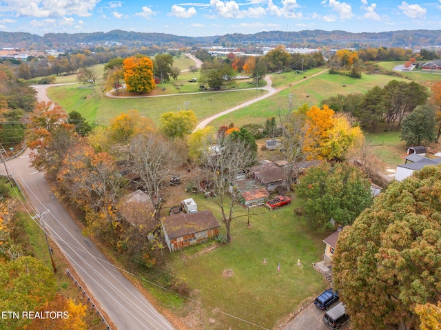 drone / aerial view featuring a mountain view