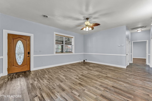 entryway featuring ceiling fan and hardwood / wood-style floors