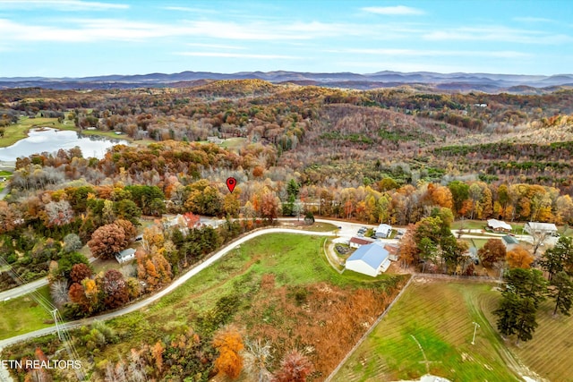 birds eye view of property featuring a water and mountain view