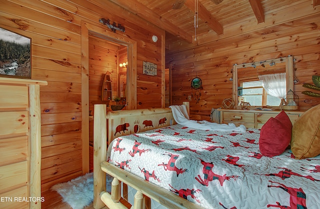 bedroom featuring beam ceiling, wooden walls, and wood ceiling