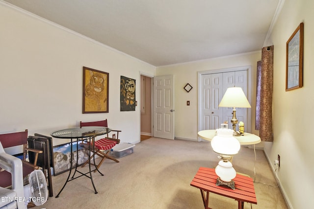 living room with crown molding and light carpet