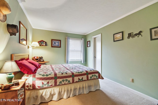 carpeted bedroom featuring ornamental molding