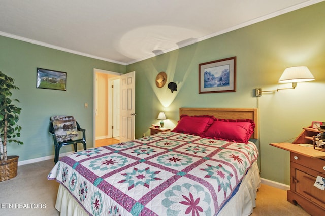 bedroom featuring light colored carpet and crown molding