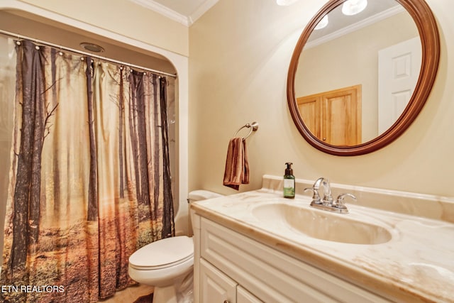 full bathroom featuring vanity, shower / bath combination with curtain, toilet, and ornamental molding