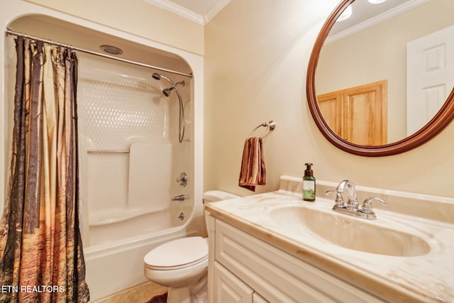 full bathroom with crown molding, vanity, shower / bath combo, and toilet