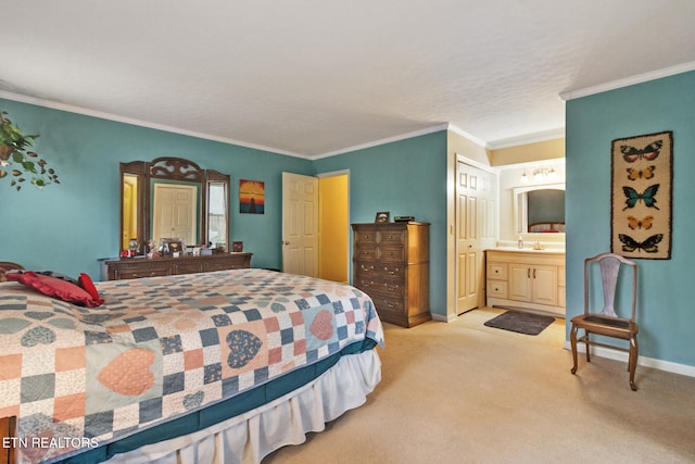 carpeted bedroom with connected bathroom and crown molding