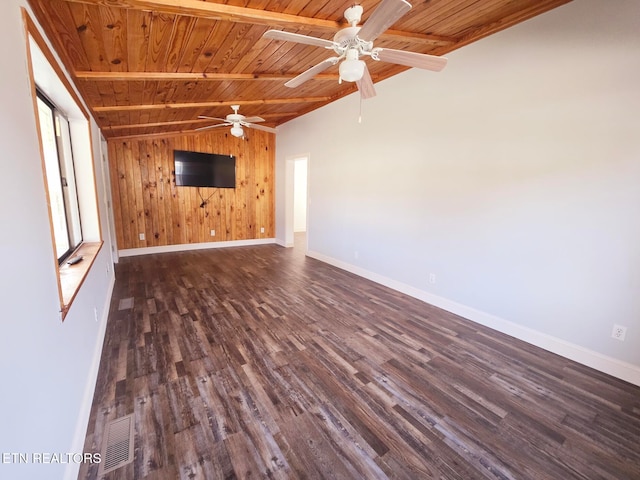 unfurnished living room with wood ceiling, ceiling fan, dark hardwood / wood-style flooring, wood walls, and lofted ceiling with beams