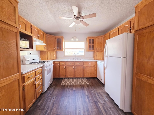 kitchen featuring sink, a textured ceiling, white appliances, and dark hardwood / wood-style flooring