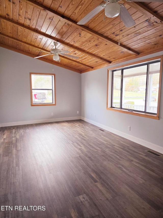 unfurnished room featuring dark hardwood / wood-style floors, ceiling fan, wooden ceiling, and vaulted ceiling