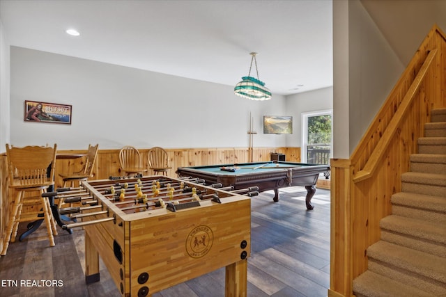 playroom with wood walls, pool table, and dark hardwood / wood-style floors