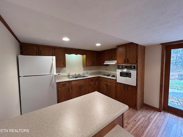 kitchen with sink, a textured ceiling, light wood-type flooring, and white appliances