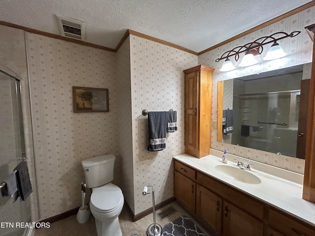 bathroom with a textured ceiling, toilet, walk in shower, vanity, and ornamental molding