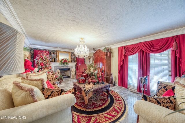 living room with a notable chandelier, ornamental molding, wood-type flooring, and a textured ceiling