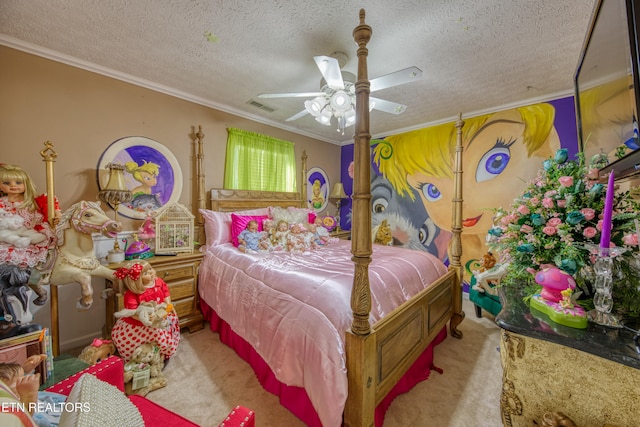 bedroom featuring crown molding, a textured ceiling, light colored carpet, and ceiling fan