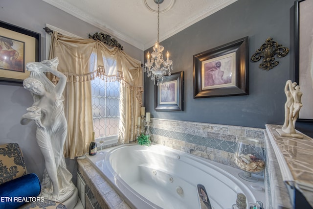 bathroom with crown molding and tiled tub