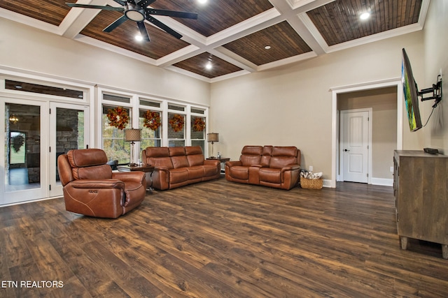 living room featuring wood ceiling, coffered ceiling, dark wood-type flooring, and ceiling fan