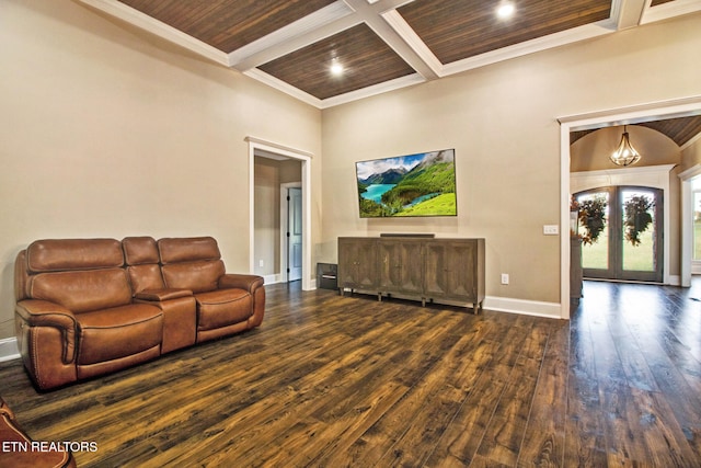 living room featuring crown molding, dark hardwood / wood-style floors, wooden ceiling, and french doors