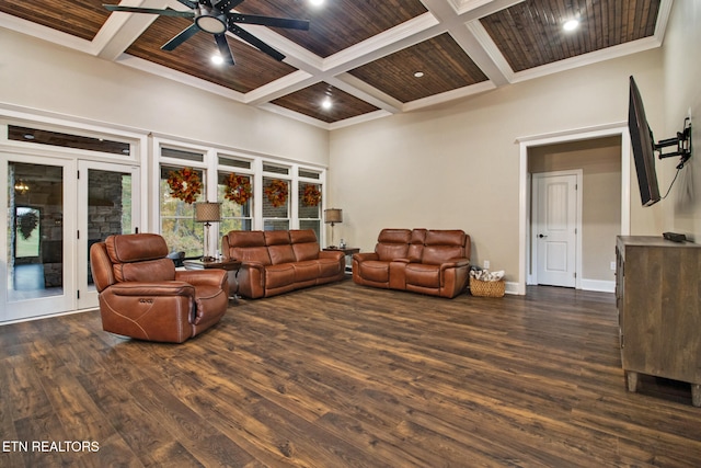 living room featuring coffered ceiling, ceiling fan, wood ceiling, and dark hardwood / wood-style flooring