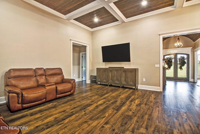 living room featuring french doors, wooden ceiling, dark hardwood / wood-style flooring, and ornamental molding